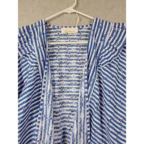 Anthropologie Blue Floral Striped Eyelet Cropped Ruffle Cardigan Women's One Sz - Picture 3 of 11